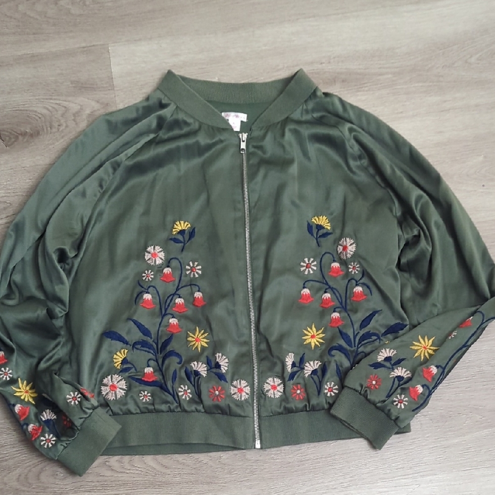 Xhilaration Olive Floral Embroidered Bomber Jacket
